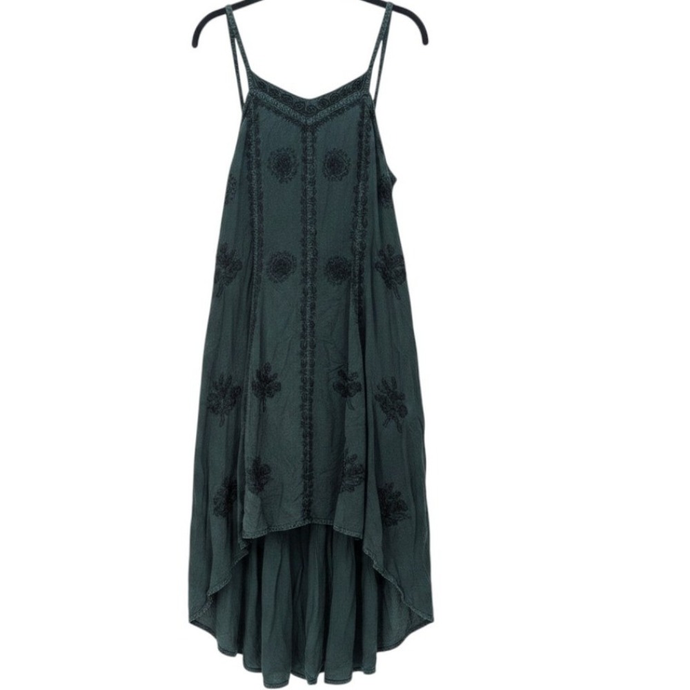 Whimsygoth Witchy Embroidered High Low Midi Dress Women One Size Dark Green Boho